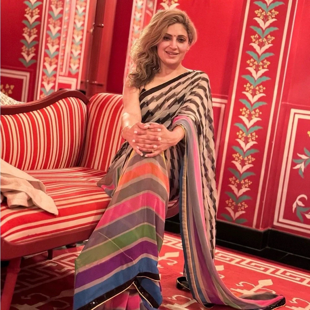 Vibrant Multicolor Striped Saree - Picture 4 of 9